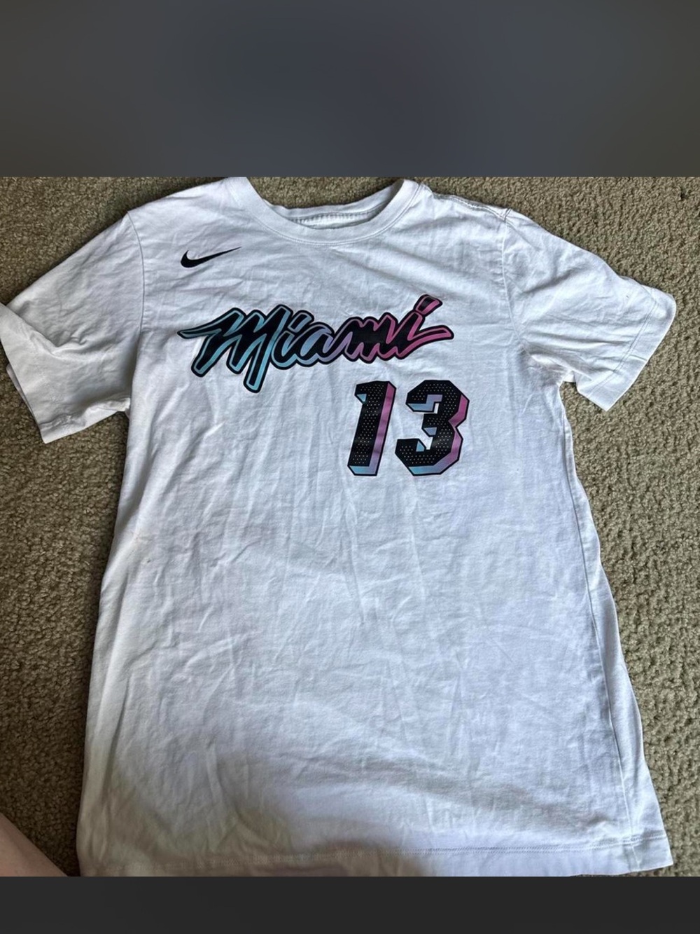 Nike White Miami Graphic Tee with Teal and Pink Accents